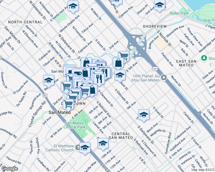 map of restaurants, bars, coffee shops, grocery stores, and more near 524 East 4th Avenue in San Mateo