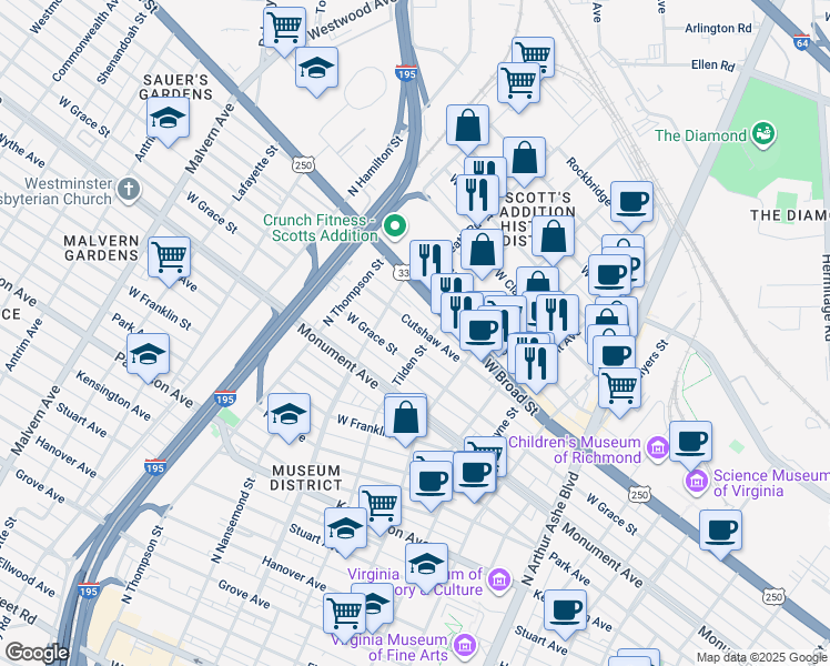 map of restaurants, bars, coffee shops, grocery stores, and more near 3307 Cutshaw Avenue in Richmond