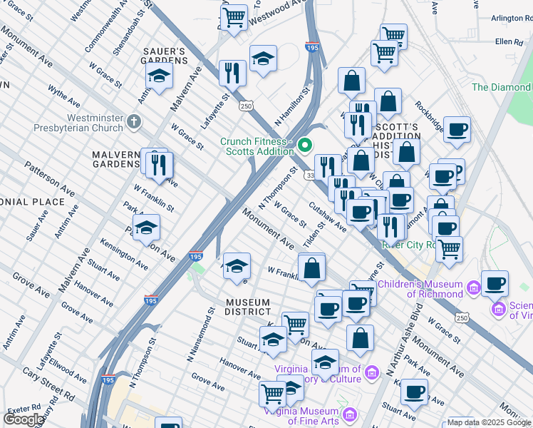 map of restaurants, bars, coffee shops, grocery stores, and more near 3406 Monument Avenue in Richmond