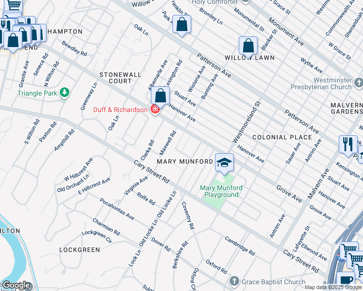 map of restaurants, bars, coffee shops, grocery stores, and more near 16 West Lock Lane in Richmond