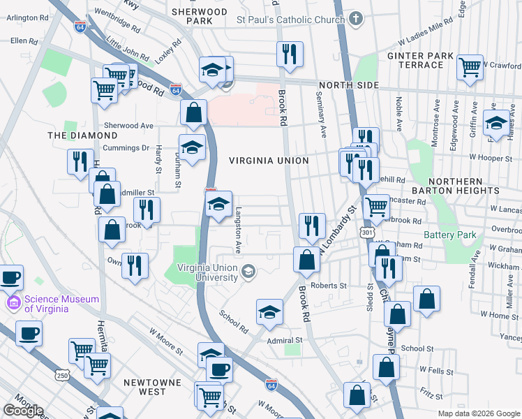 map of restaurants, bars, coffee shops, grocery stores, and more near 1231 Dubois Avenue in Richmond