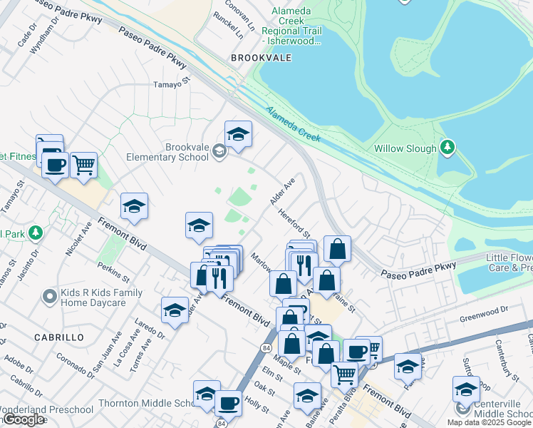 map of restaurants, bars, coffee shops, grocery stores, and more near 36500 Alder Court in Fremont