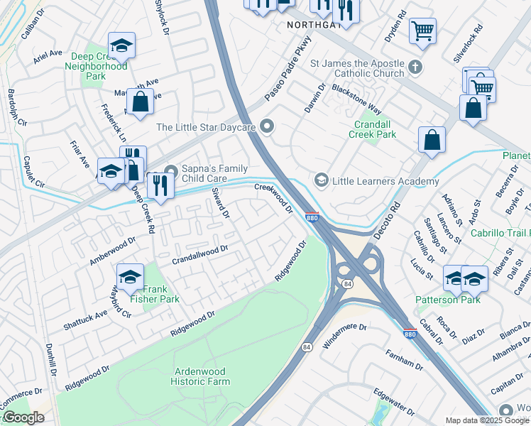 map of restaurants, bars, coffee shops, grocery stores, and more near 4768 Woodduck Common in Fremont