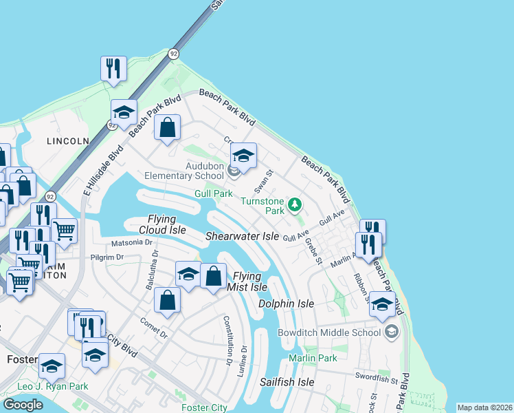 map of restaurants, bars, coffee shops, grocery stores, and more near 909 Gull Avenue in Foster City