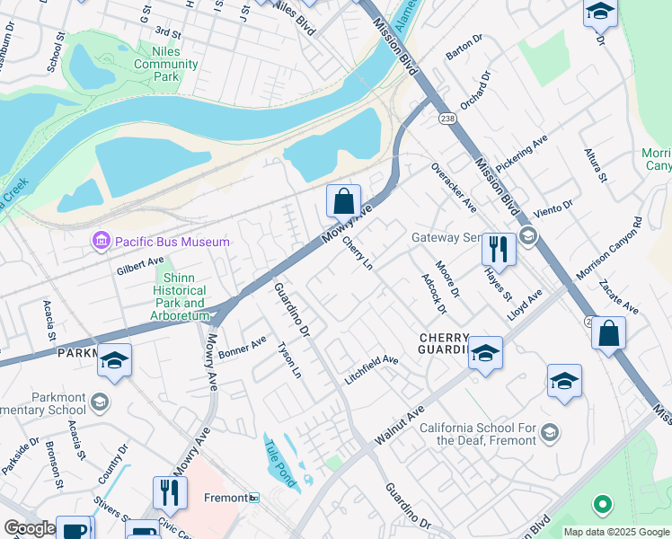 map of restaurants, bars, coffee shops, grocery stores, and more near 38623 Cherry Lane in Fremont