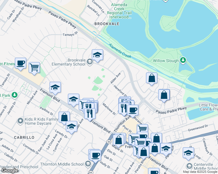 map of restaurants, bars, coffee shops, grocery stores, and more near 36500 Alder Court in Fremont
