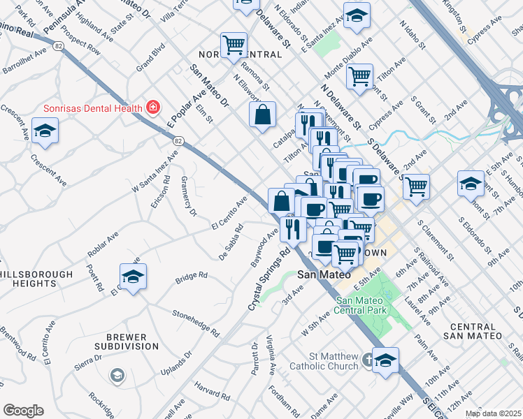 map of restaurants, bars, coffee shops, grocery stores, and more near 24 Baytree Way in San Mateo