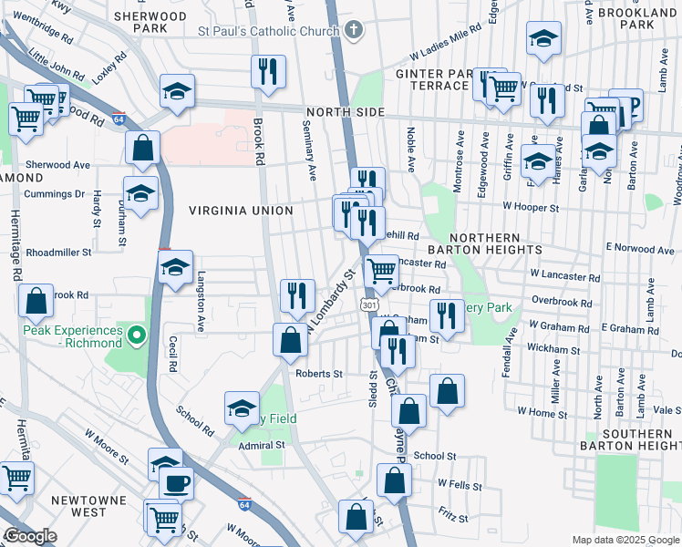 map of restaurants, bars, coffee shops, grocery stores, and more near 2511 North Lombardy Street in Richmond
