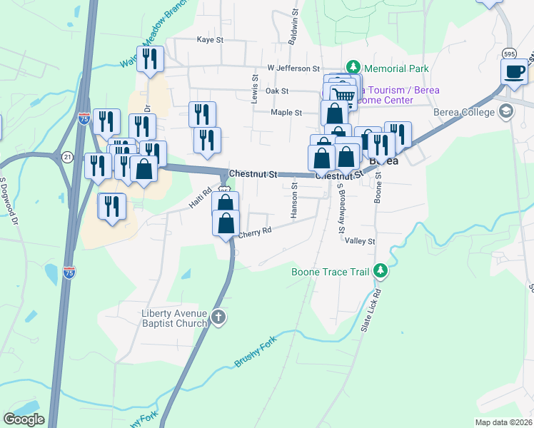 map of restaurants, bars, coffee shops, grocery stores, and more near 124 Cherry Road Court in Berea