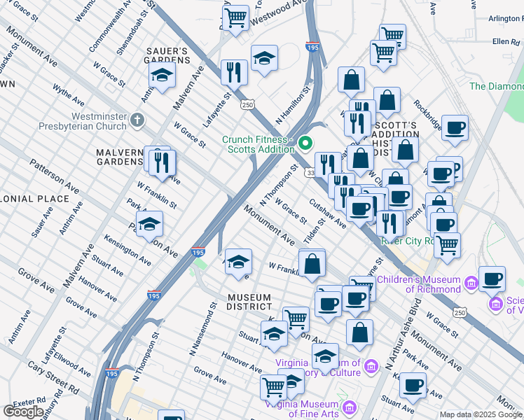 map of restaurants, bars, coffee shops, grocery stores, and more near 3414 Monument Avenue in Richmond