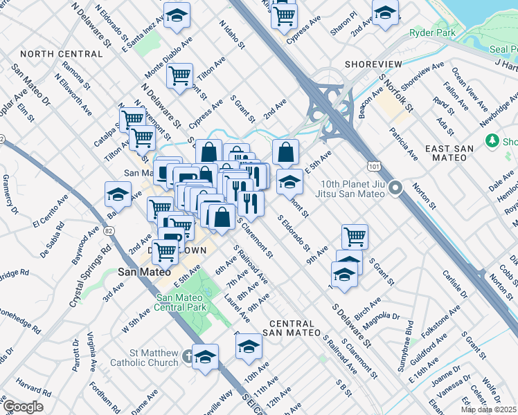 map of restaurants, bars, coffee shops, grocery stores, and more near 524 East 4th Avenue in San Mateo