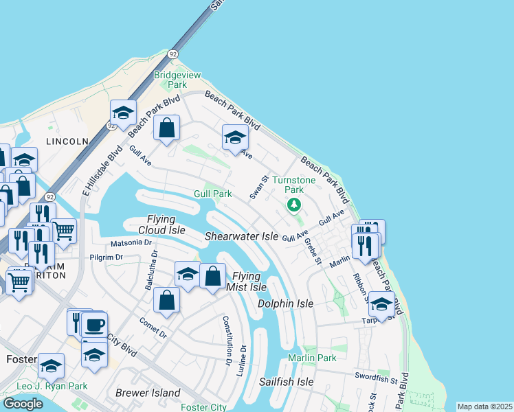 map of restaurants, bars, coffee shops, grocery stores, and more near 909 Gull Avenue in Foster City