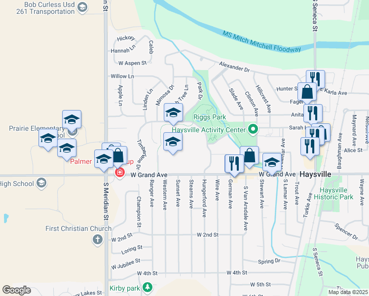 map of restaurants, bars, coffee shops, grocery stores, and more near 1100 West Grand Avenue in Haysville