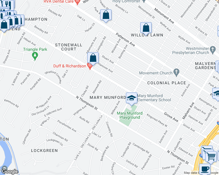 map of restaurants, bars, coffee shops, grocery stores, and more near 11 West Lock Lane in Richmond