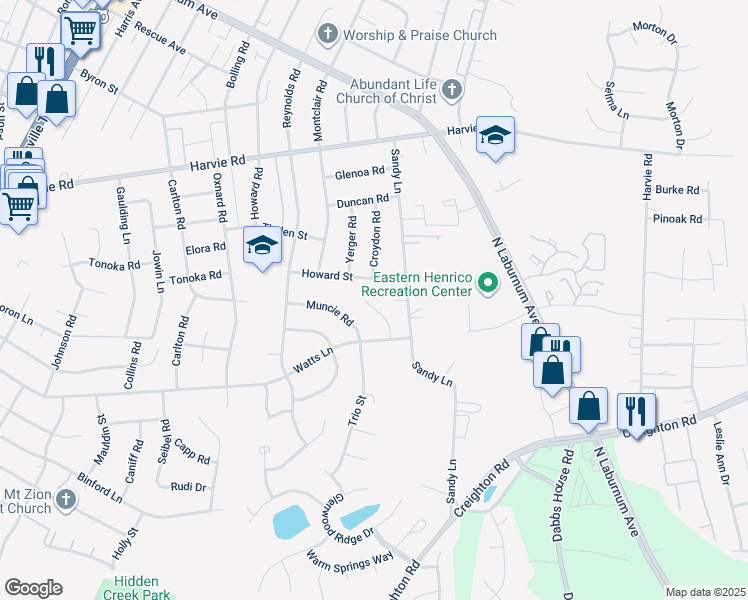 map of restaurants, bars, coffee shops, grocery stores, and more near 2910 Sandy Grove Court in Richmond