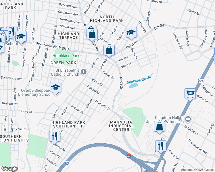 map of restaurants, bars, coffee shops, grocery stores, and more near 1518 Victor Street in Richmond