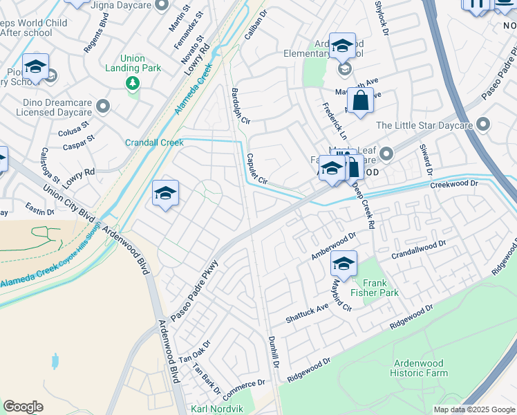 map of restaurants, bars, coffee shops, grocery stores, and more near 34036 Webfoot Loop in Fremont