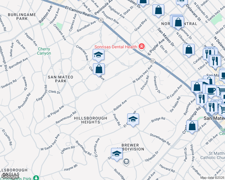 map of restaurants, bars, coffee shops, grocery stores, and more near 240 West Santa Inez Avenue in Hillsborough