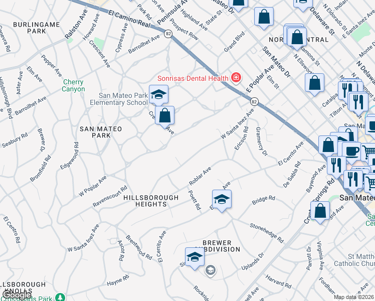 map of restaurants, bars, coffee shops, grocery stores, and more near 240 West Santa Inez Avenue in Hillsborough