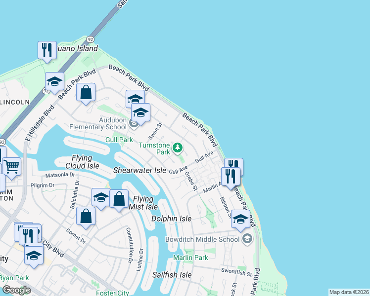 map of restaurants, bars, coffee shops, grocery stores, and more near 231 Loon Court in Foster City