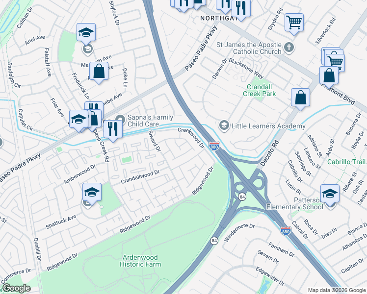map of restaurants, bars, coffee shops, grocery stores, and more near 4768 Woodduck Common in Fremont