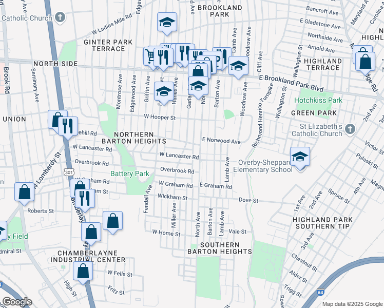 map of restaurants, bars, coffee shops, grocery stores, and more near 8 West Lancaster Road in Richmond