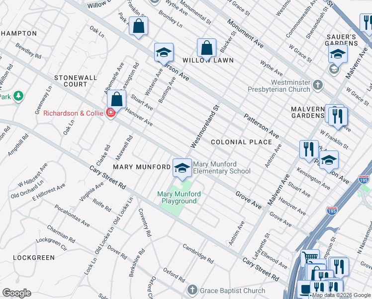 map of restaurants, bars, coffee shops, grocery stores, and more near 4519 Hanover Avenue in Richmond