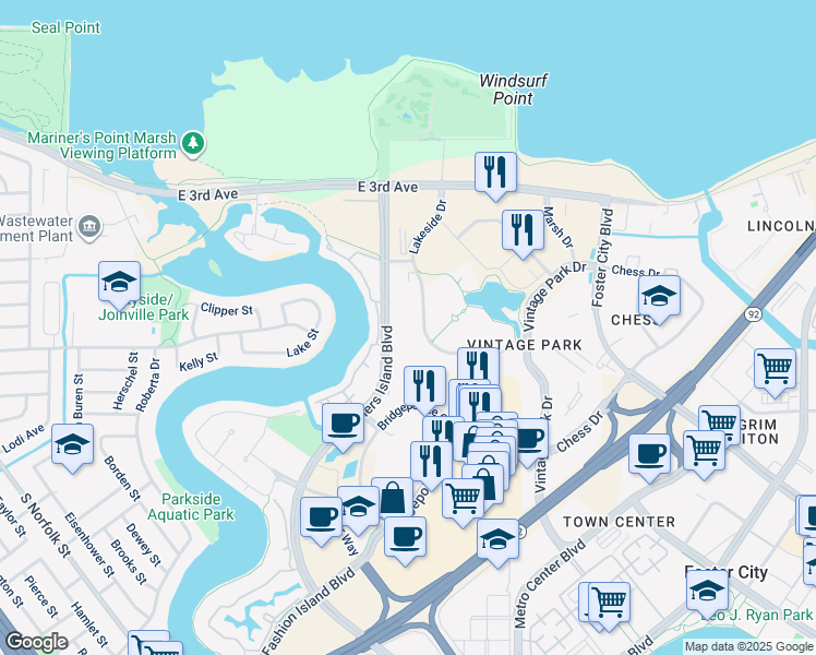map of restaurants, bars, coffee shops, grocery stores, and more near 324 Lakeside Drive in Foster City
