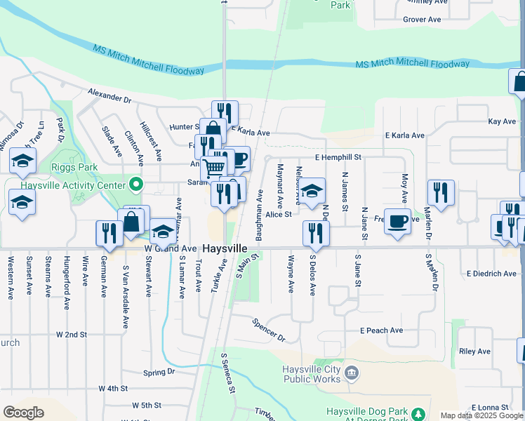 map of restaurants, bars, coffee shops, grocery stores, and more near 206 Alice Street in Haysville