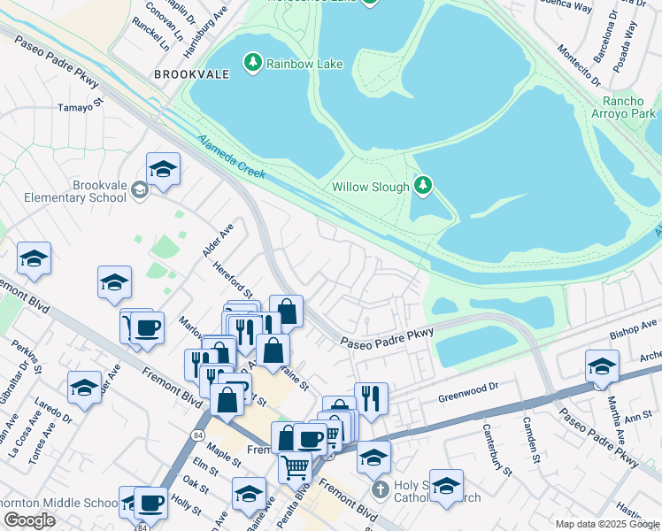 map of restaurants, bars, coffee shops, grocery stores, and more near 3023 Southwycke Terrace in Fremont