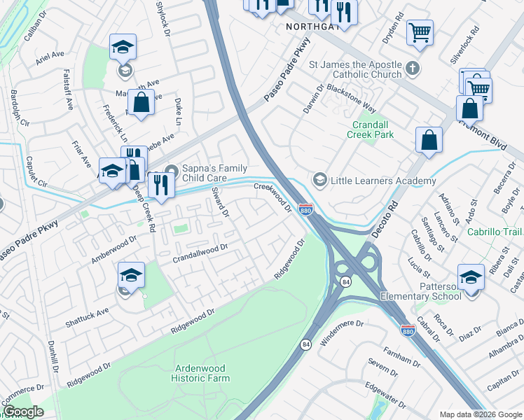 map of restaurants, bars, coffee shops, grocery stores, and more near 4768 Woodduck Common in Fremont