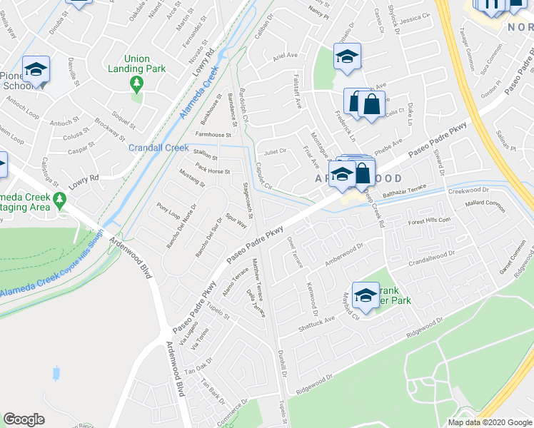 map of restaurants, bars, coffee shops, grocery stores, and more near 34036 Webfoot Loop in Fremont