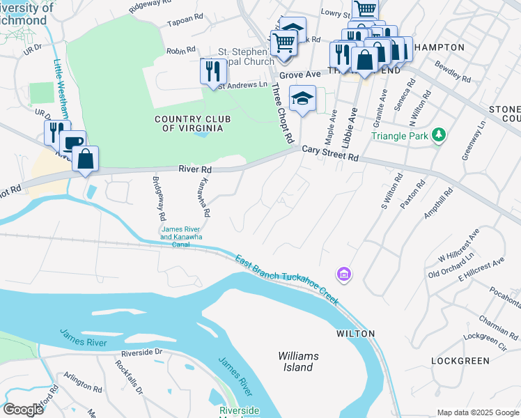 map of restaurants, bars, coffee shops, grocery stores, and more near 24 Rio Vista Lane in Richmond