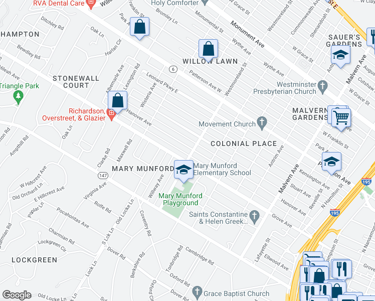 map of restaurants, bars, coffee shops, grocery stores, and more near 4603 Hanover Avenue in Richmond