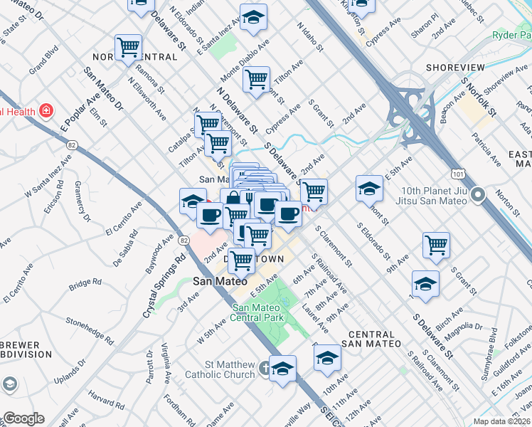 map of restaurants, bars, coffee shops, grocery stores, and more near 212 2nd Avenue in San Mateo