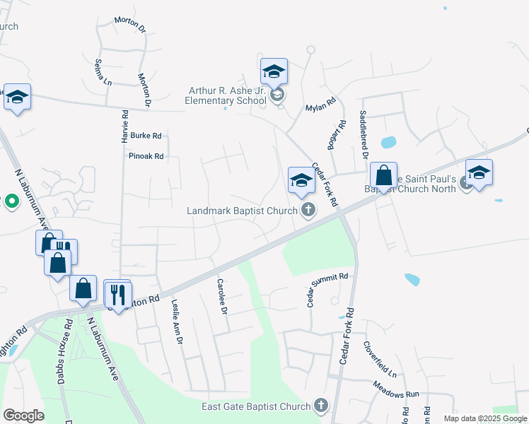 map of restaurants, bars, coffee shops, grocery stores, and more near 1909 Glenwilton Drive in Richmond