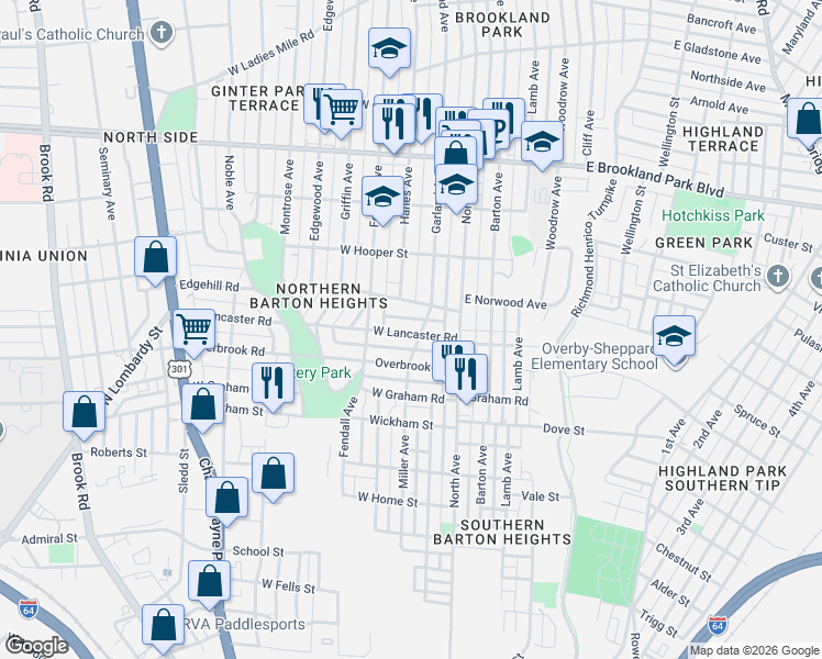 map of restaurants, bars, coffee shops, grocery stores, and more near 15 West Lancaster Road in Richmond