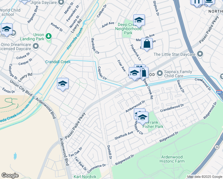map of restaurants, bars, coffee shops, grocery stores, and more near 34099 Webfoot Loop in Fremont