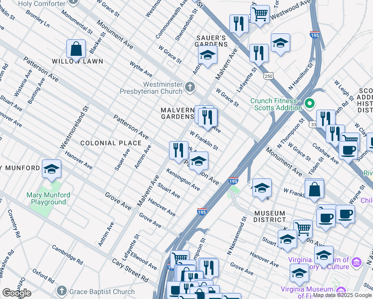 map of restaurants, bars, coffee shops, grocery stores, and more near 4007 Park Avenue in Richmond