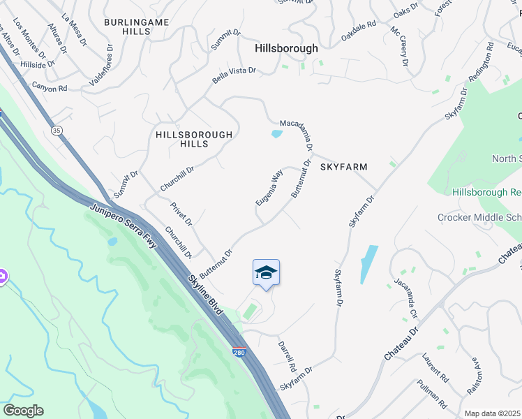map of restaurants, bars, coffee shops, grocery stores, and more near 75 Eugenia Way in Hillsborough