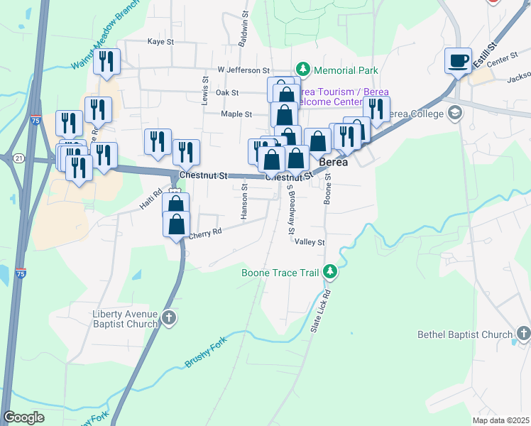 map of restaurants, bars, coffee shops, grocery stores, and more near 107 Hollyhill Drive in Berea