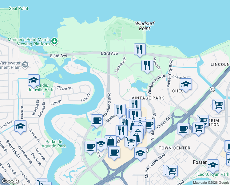 map of restaurants, bars, coffee shops, grocery stores, and more near 324 Lakeside Drive in Foster City