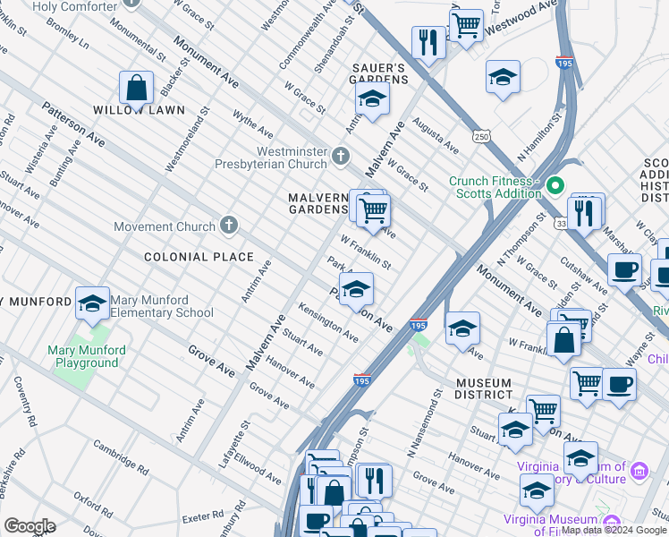 map of restaurants, bars, coffee shops, grocery stores, and more near 4007 Park Avenue in Richmond