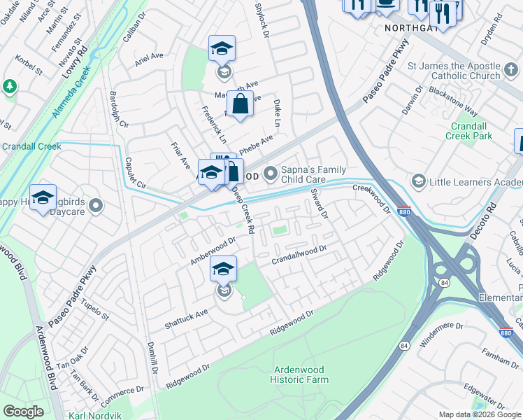 map of restaurants, bars, coffee shops, grocery stores, and more near 4949 Schelbert Terrace in Fremont