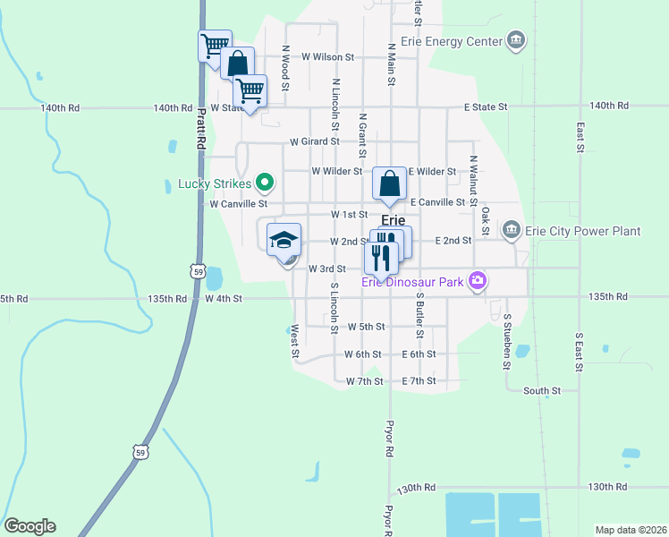 map of restaurants, bars, coffee shops, grocery stores, and more near 301 West 3rd Street in Erie