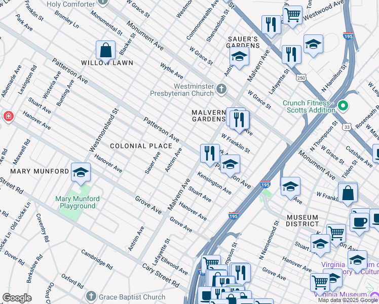 map of restaurants, bars, coffee shops, grocery stores, and more near 4111 Patterson Avenue in Richmond