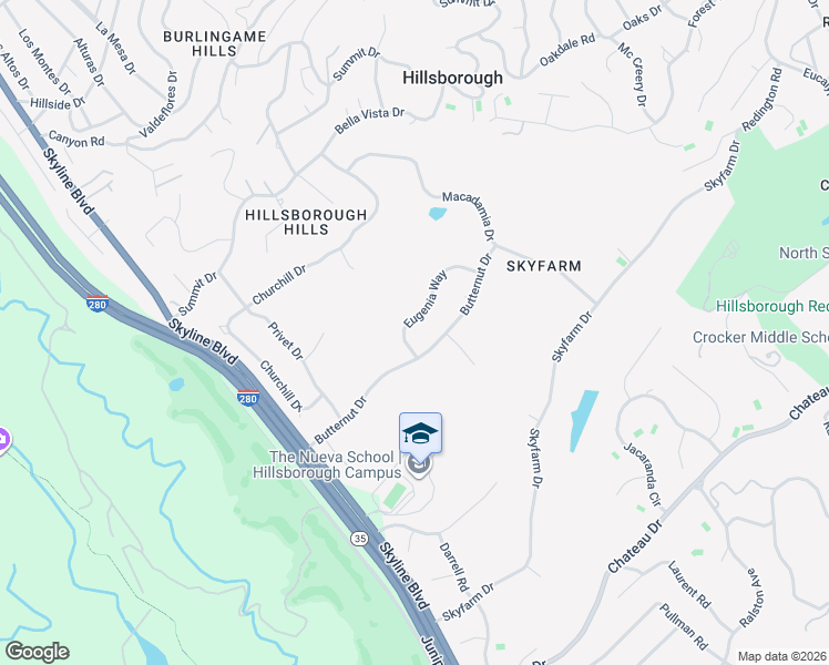 map of restaurants, bars, coffee shops, grocery stores, and more near 75 Eugenia Way in Hillsborough