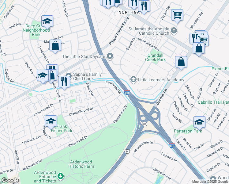 map of restaurants, bars, coffee shops, grocery stores, and more near 4669 Mallard Common in Fremont
