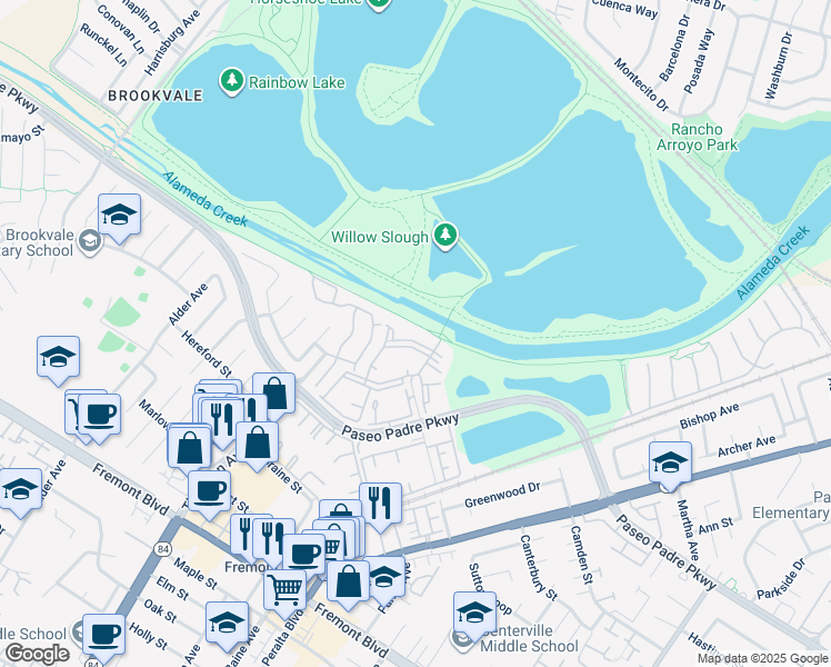 map of restaurants, bars, coffee shops, grocery stores, and more near 37167 Panton Terrace in Fremont