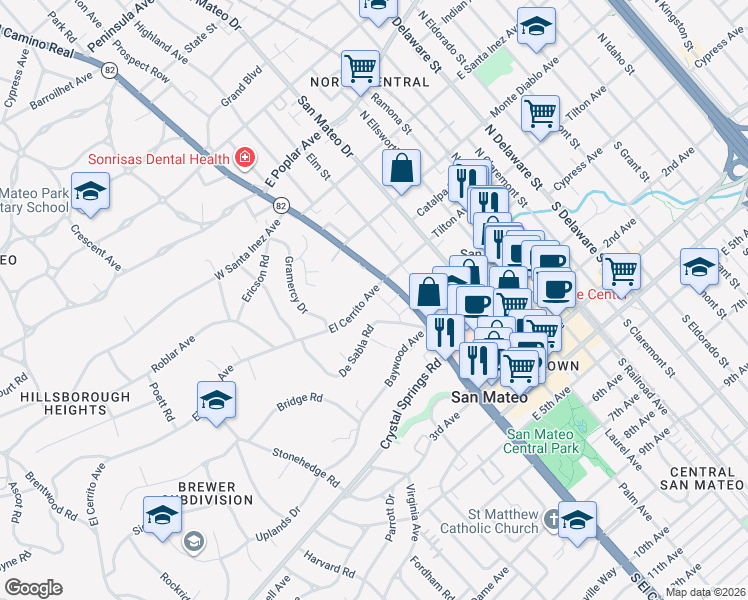 map of restaurants, bars, coffee shops, grocery stores, and more near 21 El Cerrito Avenue in San Mateo